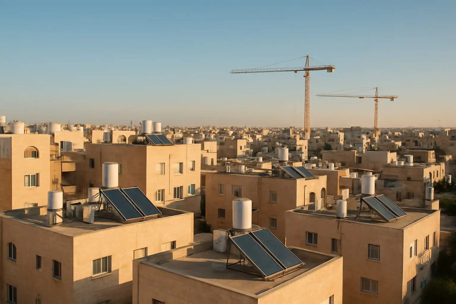גגות שכונת מגורים עם עגורני בנייה באופק — המחשה להשבחת מקרקעין
