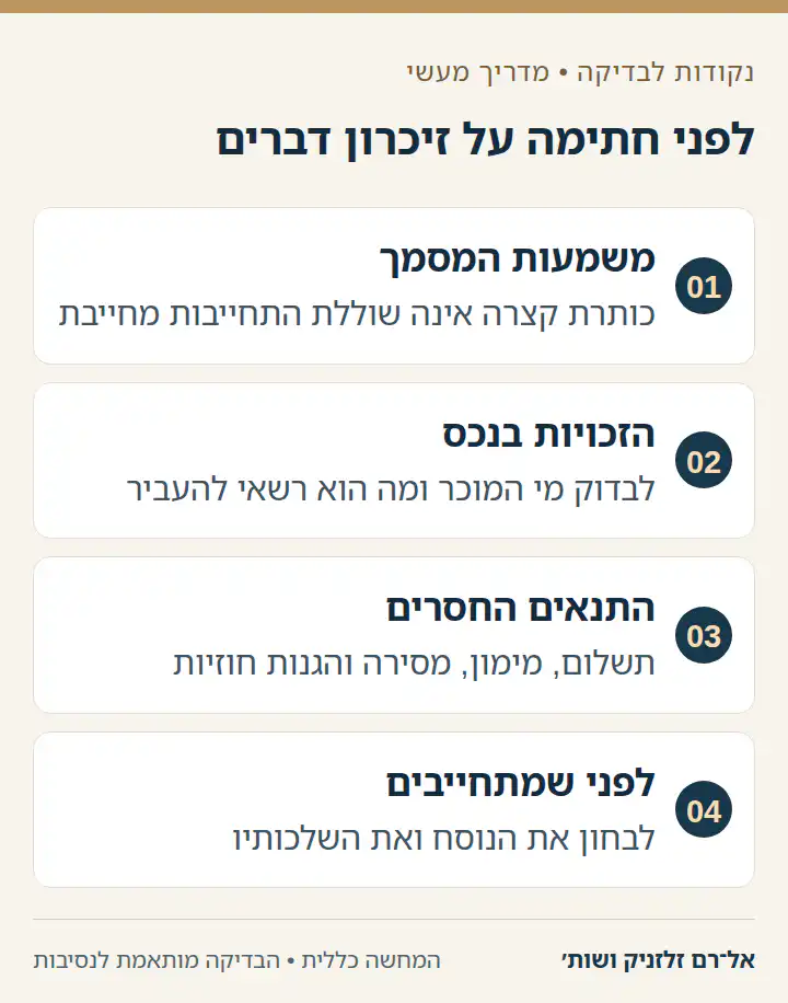 לפני חתימה על זיכרון דברים: משמעות המסמך, הזכויות בנכס, התנאים החסרים, לפני שמתחייבים