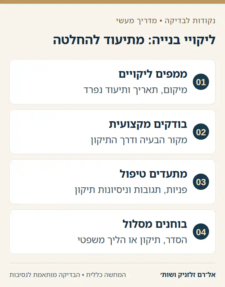 ליקויי בנייה: מתיעוד להחלטה — ממפים ליקויים, בודקים מקצועית, מתעדים טיפול, בוחנים מסלול