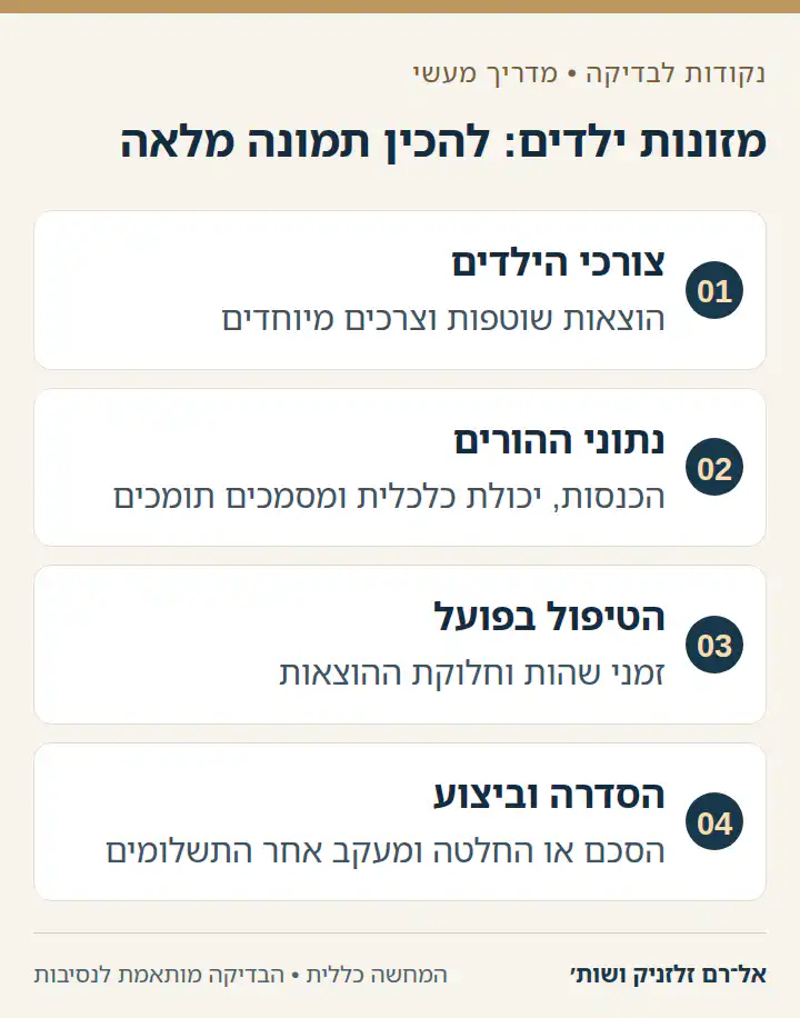 מזונות ילדים: להכין תמונה מלאה: צורכי הילדים, נתוני ההורים, הטיפול בפועל, הסדרה וביצוע