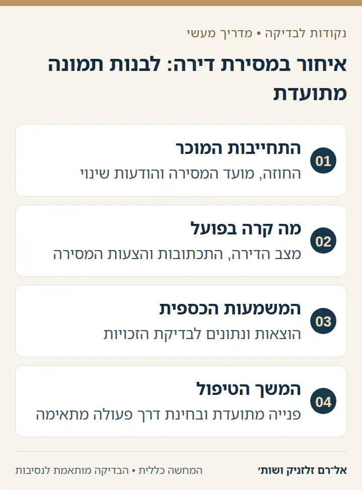 איחור במסירת דירה: לבנות תמונה מתועדת: התחייבות המוכר, מה קרה בפועל, המשמעות הכספית, המשך הטיפול