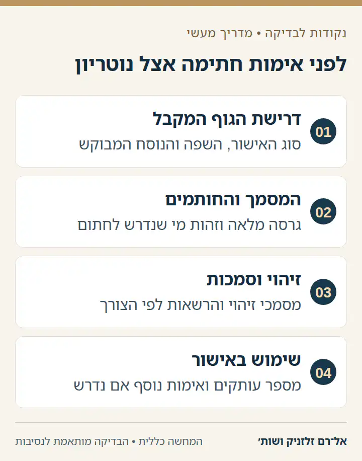 לפני אימות חתימה אצל נוטריון: דרישת הגוף המקבל, המסמך והחותמים, זיהוי וסמכות, שימוש באישור