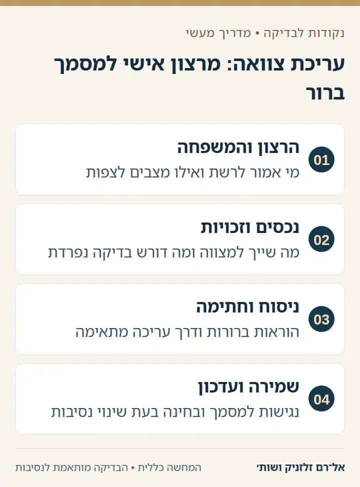 עריכת צוואה: מרצון אישי למסמך ברור: הרצון והמשפחה, נכסים וזכויות, ניסוח וחתימה, שמירה ועדכון