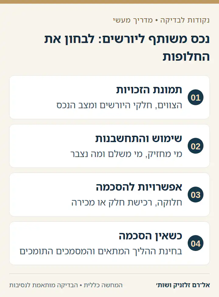 נכס משותף ליורשים: לבחון את החלופות: תמונת הזכויות, שימוש והתחשבנות, אפשרויות להסכמה, כשאין הסכמה