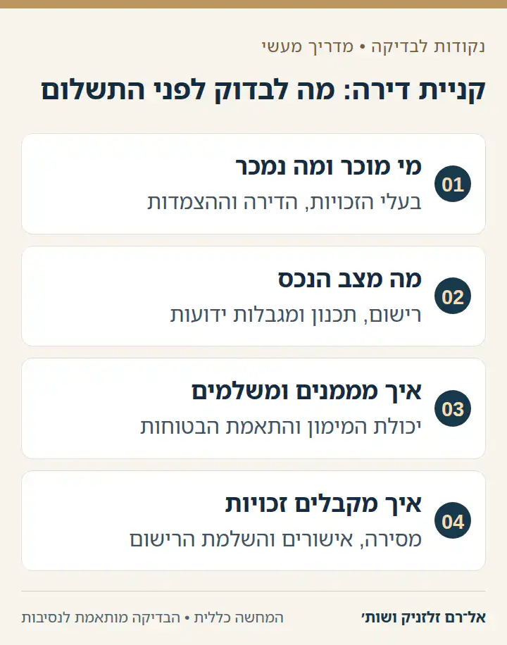 קניית דירה: מה לבדוק לפני התשלום: מי מוכר ומה נמכר, מה מצב הנכס, איך מממנים ומשלמים, איך מקבלים זכויות