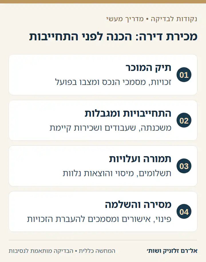 מכירת דירה: הכנה לפני התחייבות: תיק המוכר, התחייבויות ומגבלות, תמורה ועלויות, מסירה והשלמה