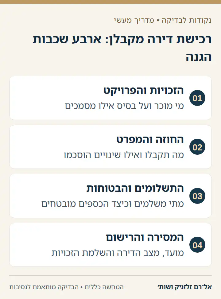 רכישת דירה מקבלן: ארבע שכבות הגנה: הזכויות והפרויקט, החוזה והמפרט, התשלומים והבטוחות, המסירה והרישום