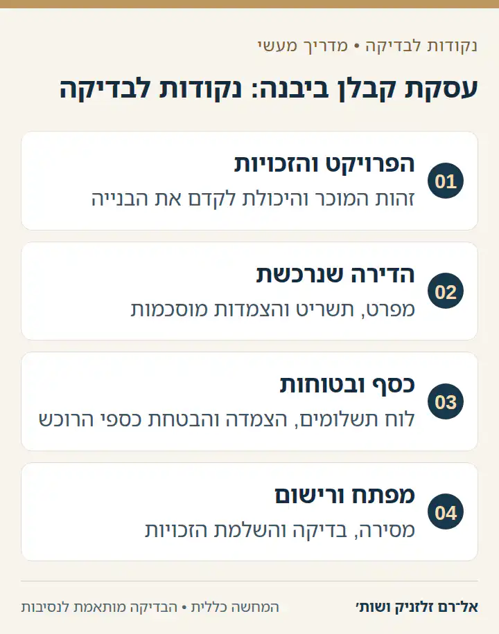 עסקת קבלן ביבנה: נקודות לבדיקה: הפרויקט והזכויות, הדירה שנרכשת, כסף ובטוחות, מפתח ורישום