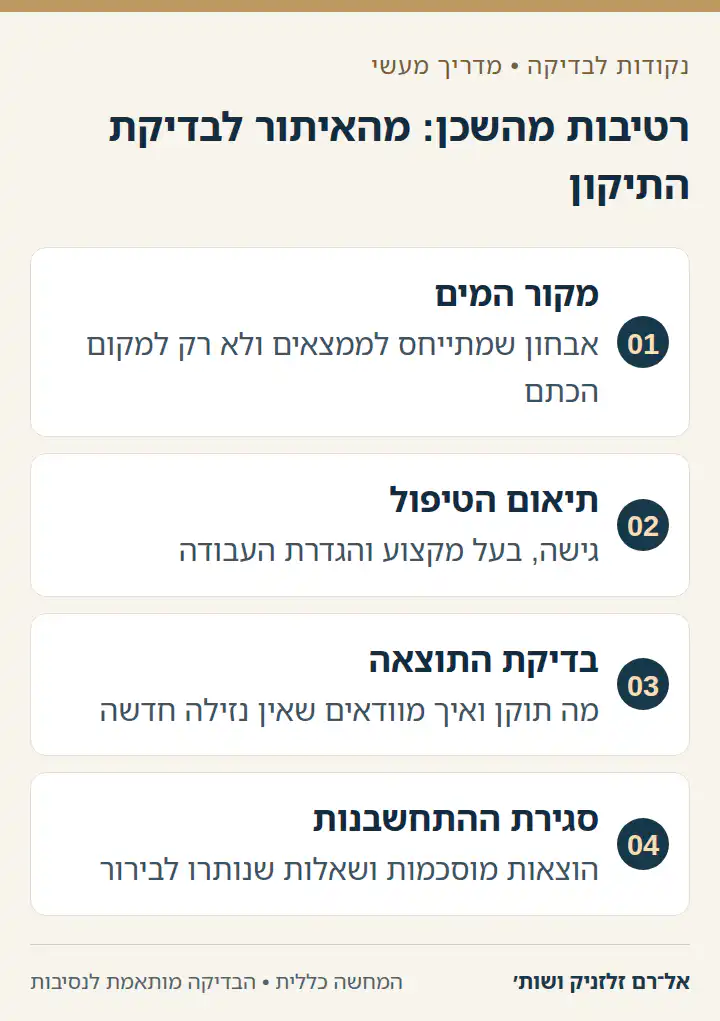 רטיבות מהשכן: מהאיתור לבדיקת התיקון: מקור המים, תיאום הטיפול, בדיקת התוצאה, סגירת ההתחשבנות