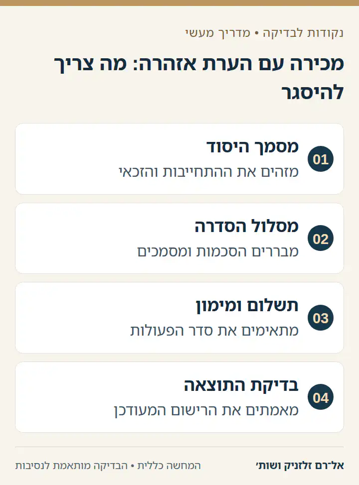 מכירה עם הערת אזהרה: מה צריך להיסגר — מסמך היסוד, מסלול הסדרה, תשלום ומימון, בדיקת התוצאה