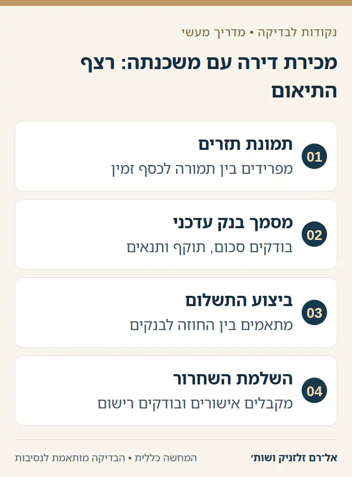 מכירת דירה עם משכנתה: רצף התיאום — תמונת תזרים, מסמך בנק עדכני, ביצוע התשלום, השלמת השחרור