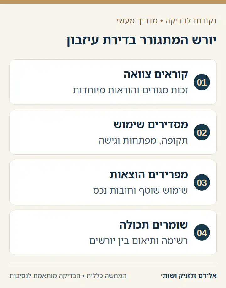 תרשים ארבעה שלבים לטיפול במגורי יורש בדירת עיזבון.