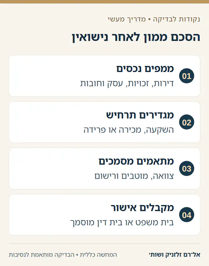 תרשים ארבעה שלבים להכנת הסכם ממון לאחר נישואין.