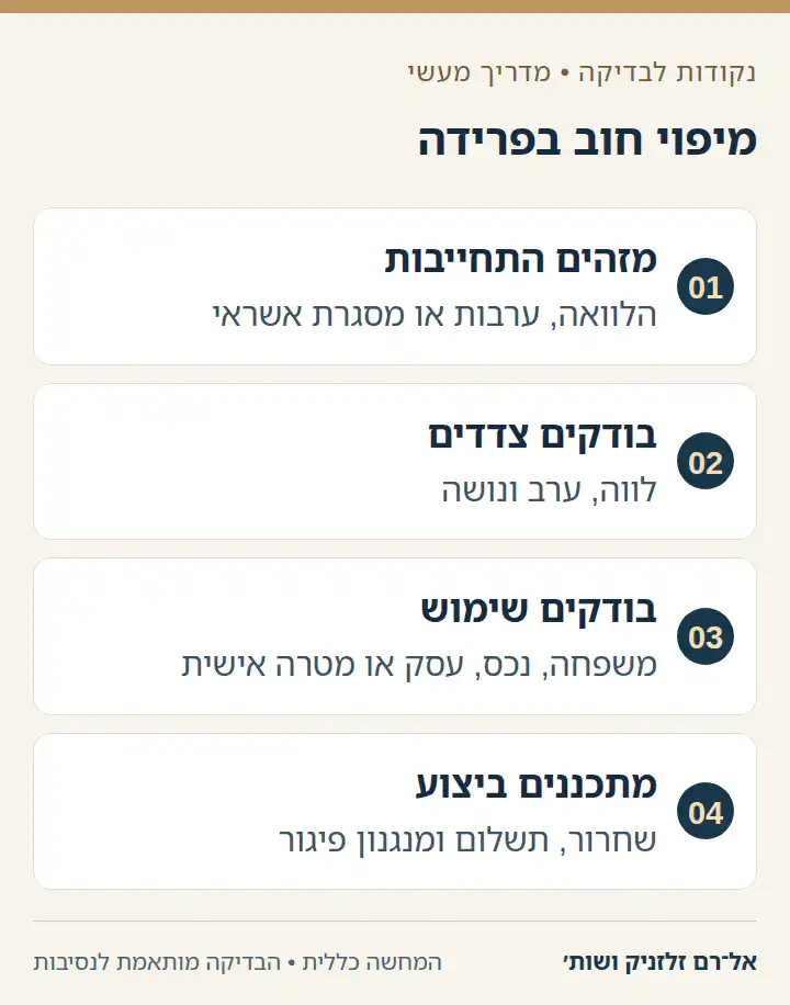 תרשים ארבעה שלבים למיפוי חובות משותפים ואישיים בפרידה.