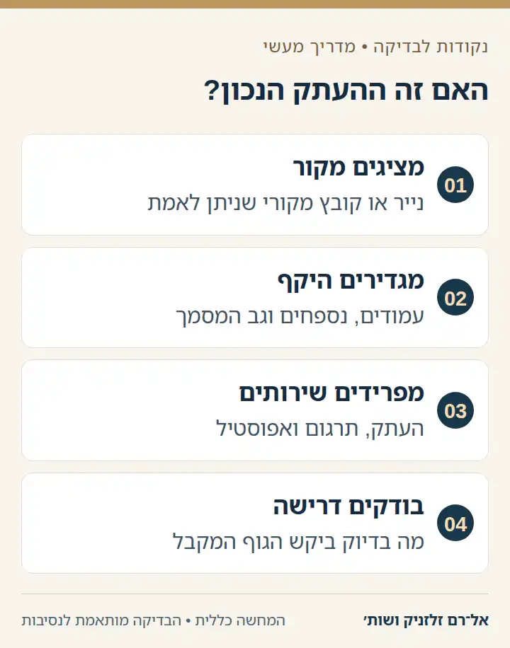 תרשים ארבעה שלבים לבחינת בקשה לאישור העתק נאמן למקור.