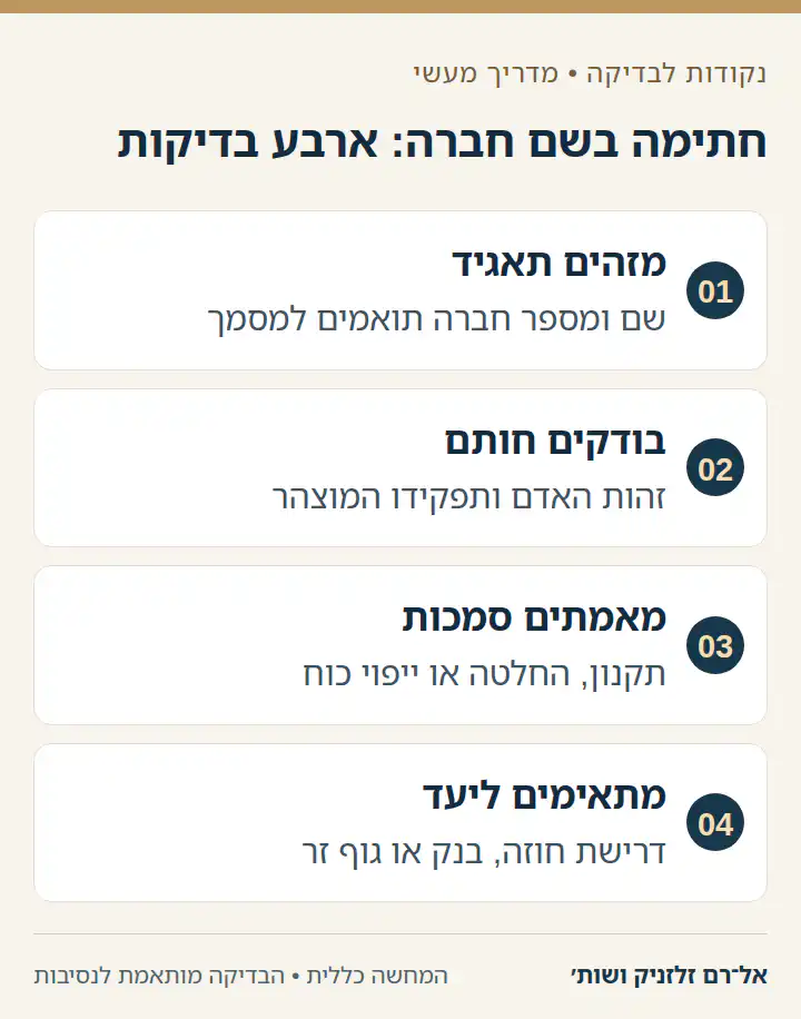 תרשים של ארבע בדיקות לפני אימות חתימה בשם חברה.