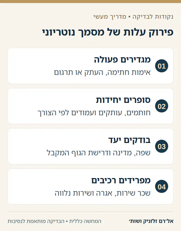 תרשים ארבעה שלבים לפירוק עלות של אישור נוטריוני.