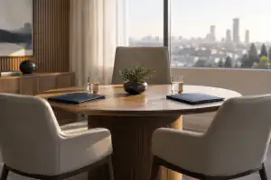 שולחן פגישה עם תיקי מסמכים וכוסות מים