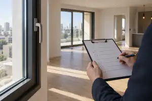 בדיקת דירה חדשה עם לוח רישום ליד חלון