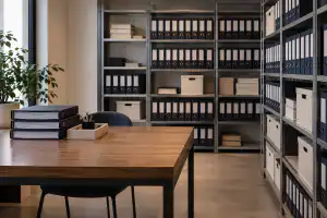 חדר ארכיון מסמכי נכסים עם קלסרים מסודרים