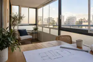 מרפסת סגורה בזיגוג ותוכנית בדיקה על שולחן