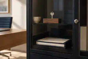 מפתח נכס ותיק מסמכים מאחורי דלת ארון שקופה