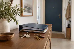 כניסה לדירה ותיקה עם תיק מסמכים ושני צרורות מפתחות