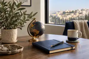 מזכרות אישיות וצמח לצד יומן סגור על שולחן כתיבה