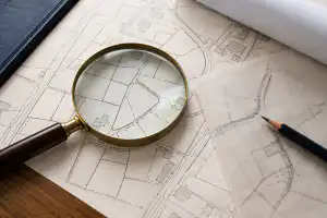 זכוכית מגדלת מעל שרטוט גבולות מקרקעין