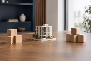 דגם דירה ושתי קבוצות קוביות עץ על שולחן