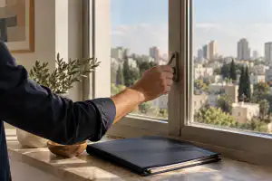 בדיקת חלון בדירת מגורים ותיק מסמכים על אדן