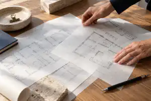 תשריטים שקופים וכלי שרטוט על שולחן עבודה
