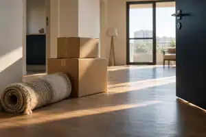 דירה שכורה לקראת מעבר עם שטיח מגולגל וארגזים