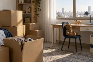 ארגזי מעבר ליד שולחן כתיבה של ילד